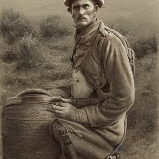 Image similar to a detailed photorealistic sepia - toned color portrait painting of a 1 9 1 7 worried clean - shaven british lieutenant in field gear in north arabia examining an ancient cylindrical clay jar, ultra realistic, intricate details, atmospheric, dark, horror, brooding, highly detailed, by clyde caldwell