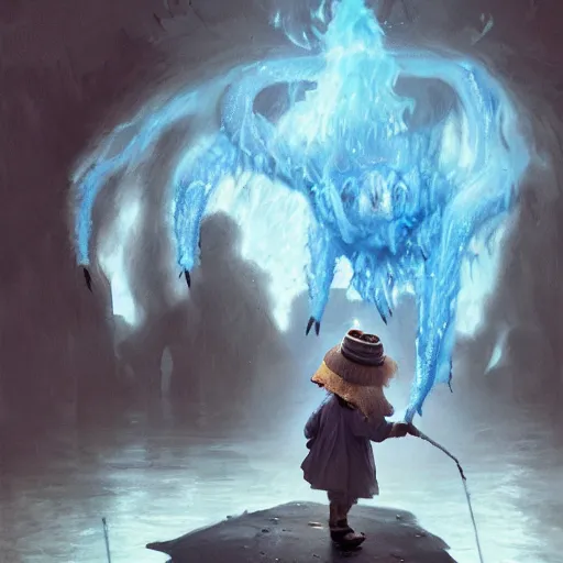 Image similar to candid photo of little girl burning in hell wearing a blue and white fishing hat by Greg Rutkowski, Photorealistic, extremely detailed, UHD, correct face, real hellscape in background, hyperrealistic