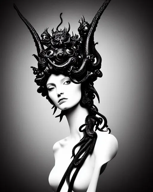 Prompt: dark background, a black and white high quality dreamy photo of a young beautiful female queen-dragon-vegetal-cyborg bust with a very long neck and delicate Mandelbrot fractal face, elegant, highly detailed, flesh highly baroque ornate, hair are curled wired cables, elegant, poetic, soft, dreamy, mysterious, high fashion, rim light, in the style of Ellen von Unwerth, Realistic, Refined, Digital Art, Highly Detailed, Cinematic Lighting, rim light, black and white, photo-realistic, 8K
