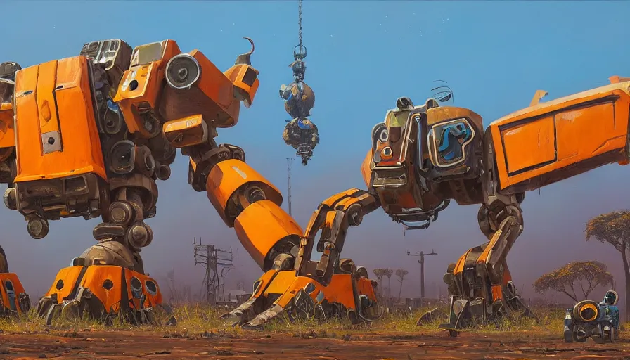 Image similar to an intricate oil painting of a giant south african armored cheetah shaped scrap metal mecha by simon stalenhag, yellow, orange and cyan paint decals