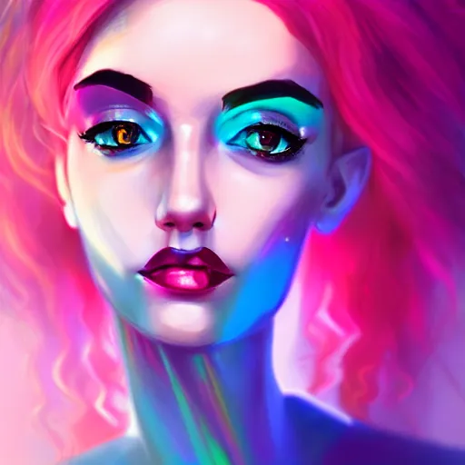 Prompt: portrait of a woman inspired by lois van baarle, iridescent, holographic, neon, natural, model, self - confidence, light make - up