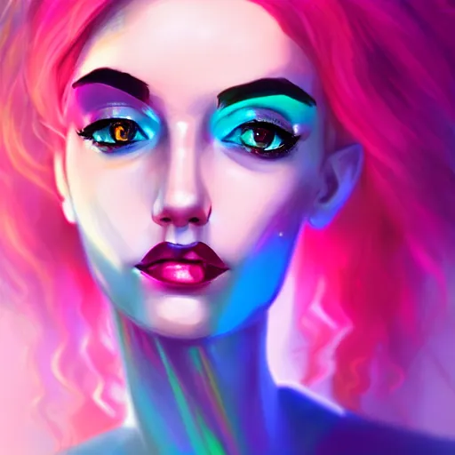 Image similar to portrait of a woman inspired by lois van baarle, iridescent, holographic, neon, natural, model, self - confidence, light make - up