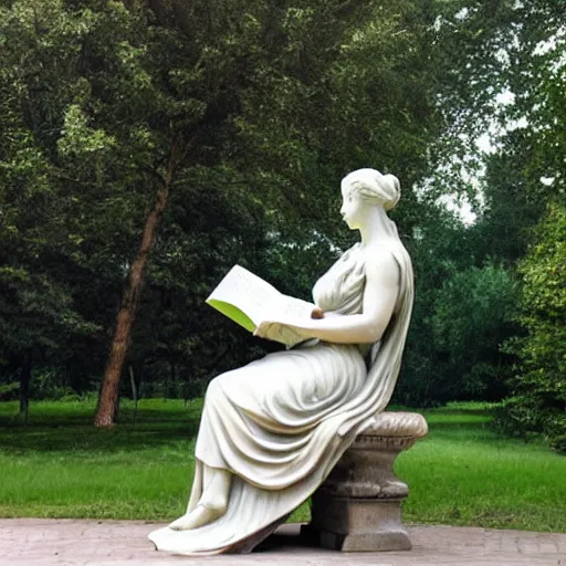 Prompt: marble statue of woman reading a book, outdoors
