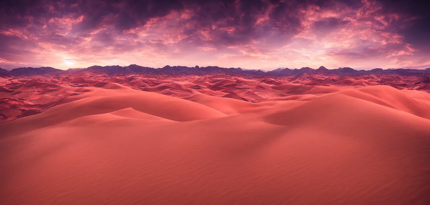 Prompt: amazing landscape photo of desert dunes in sunset by max rive, pink color palette, beautiful dramatic lighting