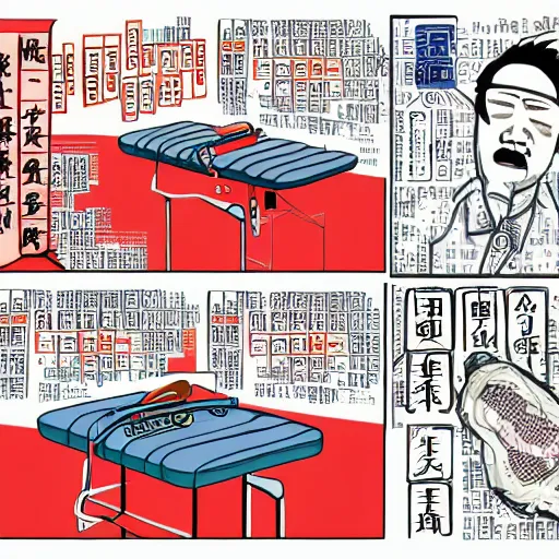 Image similar to chinese surgery operating table, in the style of daniel johnston and outsider art, 8k, line brush, minimal, hard lines, overlaid with traditional chinese adverts