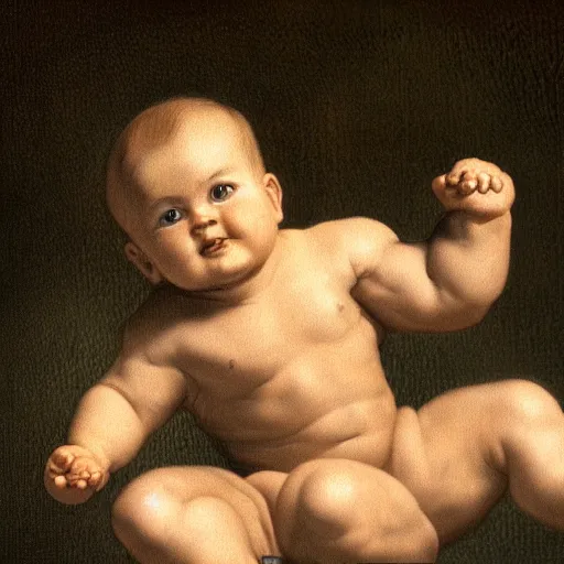 Image similar to an extremely muscular baby, epic, high detail, high contrast