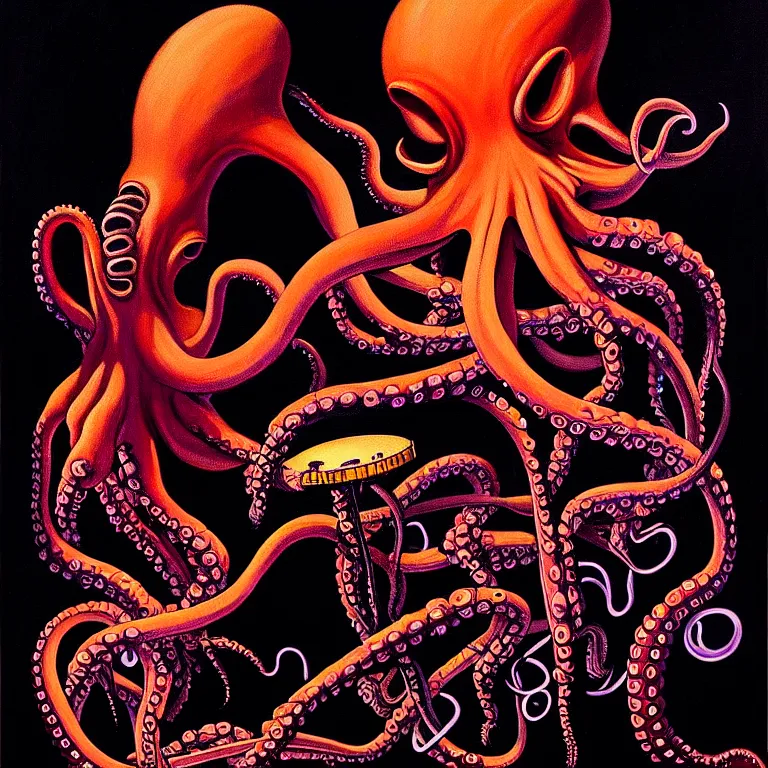 Image similar to a beautiful painting by gerald brom of a couple of octopus playing drums and telecaster guitar in an electronic concert, black background, concert light, dark mood, warm lights