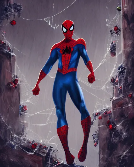 Image similar to spiderman in a christmas style spider suit, 8 k photo, portrait, dynamic lighting, fantasy concept art, trending on art station, stunning visuals, creative, cinematic, ultra detailed, comic strip style