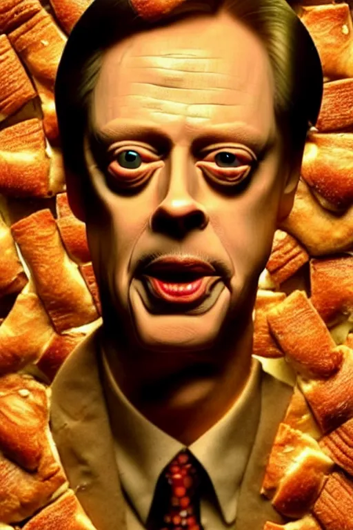 Prompt: film still of steve buscemi made out of bread in the matrix, 4 k