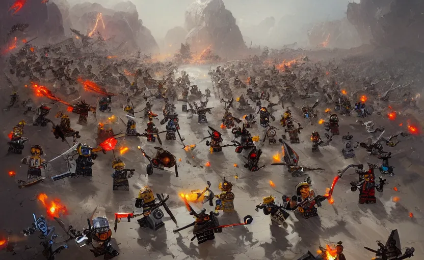 Image similar to two armies of lego warrior charging at each other, by greg rutkowski, featured on artstation