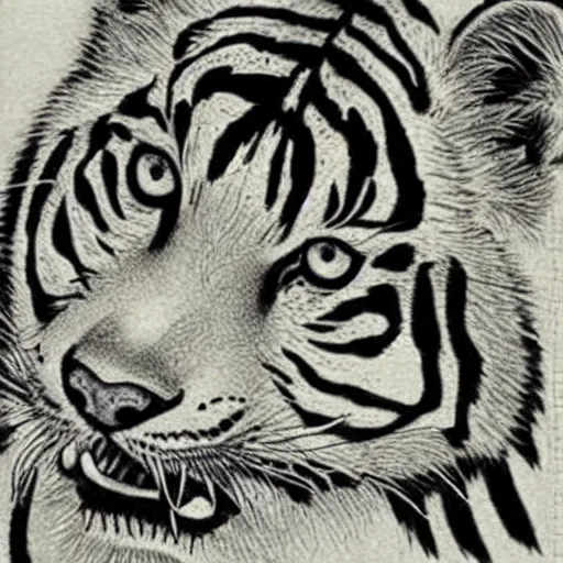 Prompt: traditional japanese tiger drawing by junji ito,