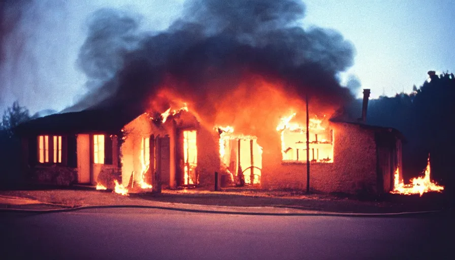 Image similar to 1 9 7 0 s movie still of a burning french style house in a small french village by night, cinestill 8 0 0 t 3 5 mm, heavy grain, high quality, high detail, dramatic light, anamorphic, flares