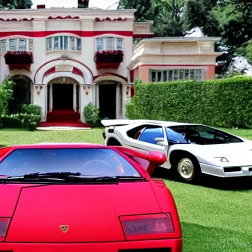 Image similar to red lamborghini diablo in front of an 8 0's mansion and al pacino in front of it very elegant and very realistic