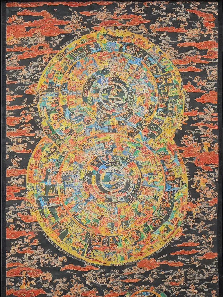 Prompt: Industrial, toxic, ravaged, apocalyptic land. Tibetan wheel of life Thangka.