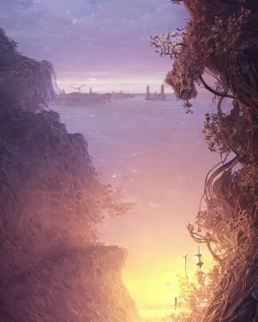 Image similar to over the shoulder landscape painting of long blonde violet evergarden, behind are distant lights from an old european city, next to the reflecting ocean, nighttime, by Philipp A. Urlich and Pengzhen Zhang and Andreas Rocha, fantasy, intricate, elegant, highly detailed, digital painting, artstation, blender, unreal engine 5, octane render, smooth, sharp focus, illustration