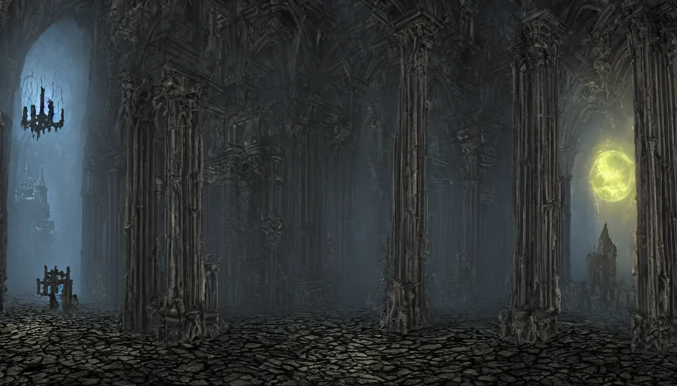 Image similar to dark gothic cathedral realm of darkness, side - scrolling 2 d platformer game level, sinister fog through the pillars, ancient temple ruins, dramatic midnight sun illuminates areas, volumetric light, detailed entangled bodies on walls, bleak decaying color, upscale, 8 k