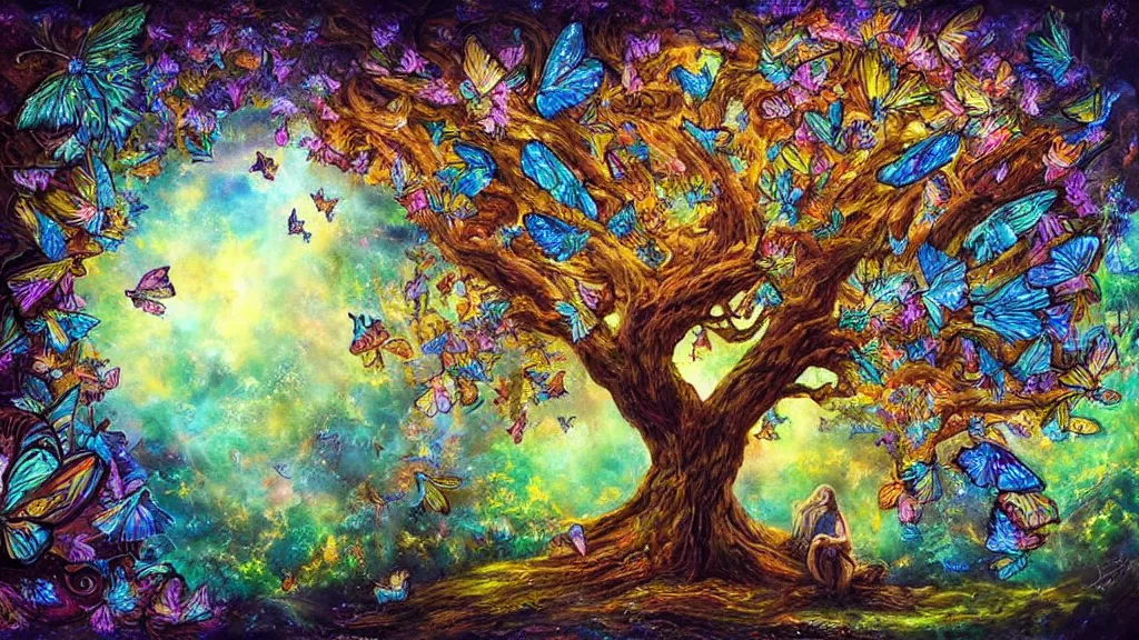 Prompt: “Large oak Tree Covered with Butterflies” Beautiful Dreamscape, Digital art, concept art, detailed, lovely colors, Art station,3-D 4K, beautiful background, matte painting, Josephine wall,