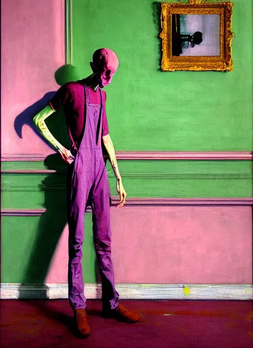 Image similar to a skinny, starving artist wearing overalls, painting the walls inside a grand ornate cathedral, hauntingly surreal, highly detailed painting by francis bacon, edward hopper, adrian ghenie, gerhard richter, soft light 4 k in pink, green and blue colour palette