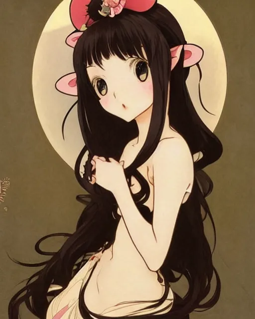 Image similar to A cute frontal painting of a very very beautiful anime skinny mousegirl with long wavy brown colored hair and small mouse ears on top of her head wearing a cute black dress and black shoes looking at the viewer, elegant, delicate, feminine, soft lines, higly detailed, smooth , pixiv art, ArtStation, artgem, art by alphonse mucha Gil Elvgren and Greg rutkowski, high quality, digital illustration, concept art, very long shot, sea of thieves illustration