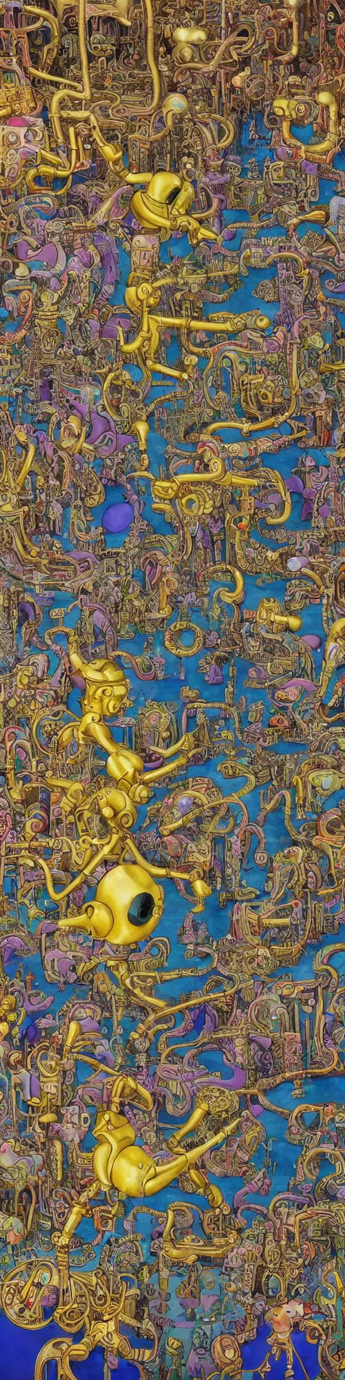 Prompt: epic mural of persian king dissolving into liquid cybernetic transhumanistic bio mechanical game console god, aztec, basil wolverton, high detail, studio ghibli, mc escher, picasso, dali, muted but vibrant colors, cubism, gold speckles, rainbow tubing, muppet punk, mario clouds, strange flow, golden ratio