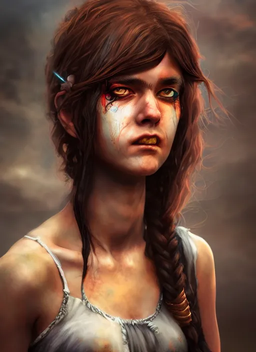 Image similar to an epic fantasy comic book style portrait painting of a girl with short dirty brown straggly hair, low lethargic insouciance voice with a drawl wearing a ragged dress, unreal 5, daz, hyperrealistic, octane render, cosplay, rpg portrait, dynamic lighting