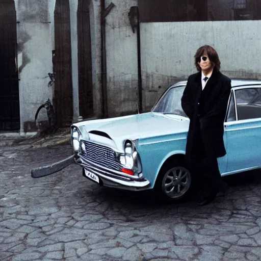 Image similar to john lennon beside a ford cortina. film still. 4 k hd image, trending on artstation, featured on behance, extra crisp, features intricate detail, epic composition and the style of quintin tarantino.