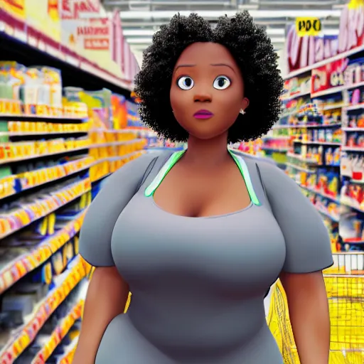 Image similar to high quality, highly detailed, still of black bbw woman in wal-mart follow shot, 3d, in the style of pixar, comic book style, 3d, highly detailed, 16k resolution, octane renderer, coherent, cinematic lighting