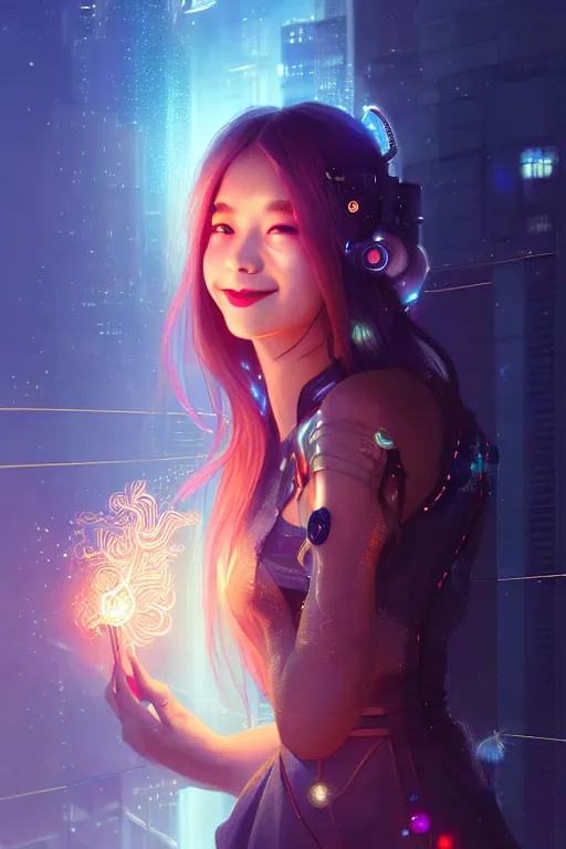 Prompt: portrait futuristic wizard Girl with fire and sparkles and firefly, lovely smile, in future cyberpunk tokyo rooftop , ssci-fi, fantasy, intricate, very very beautiful, elegant, human anatomy, human structure, neon light, highly detailed, digital painting, artstation, concept art, smooth, sharp focus, illustration, art by tian zi and WLOP and alphonse mucha