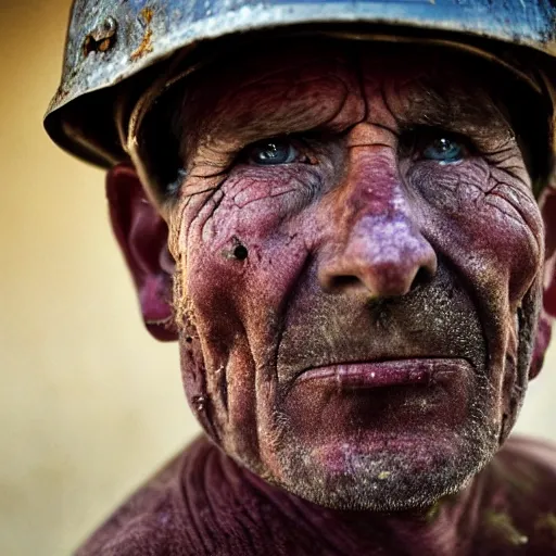 Image similar to A beautiful high quality portrait photo of an old puruvian mine worker with wrinkles, dirty face, helmet, by Steve McCurry, dramatic lighting and colors