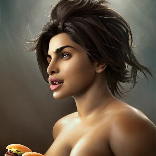 Prompt: portrait of priyanka chopra eating big mac hamburgers, giant hamburgers extra lettuce and ketchup, sultry body with sexy belly, fantasy, intricate, elegant, highly detailed, digital painting, artstation, concept art, matte, sharp focus, illustration, art by aenaluck and roberto ferri and greg rutkowski, epic fantasy, digital painting