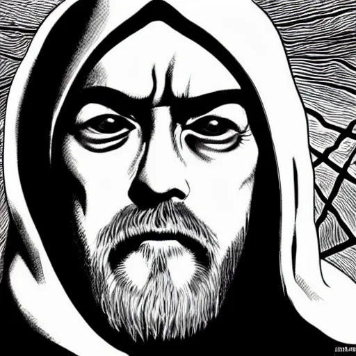 Prompt: Obi-Wan Kenobi portrait in the style of Junji Ito. Manga. Black & White. Gothic. Horror. Extremely detailed. 4K.