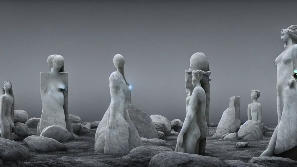 Image similar to monolithic marble statues of holy alien figures stare into the camera on a Venus temple, film still from the movie directed by Denis Villeneuve with art direction by Zdzisław Beksiński, wide lens