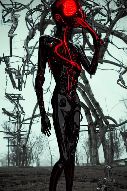 Image similar to full-body cyberpunk style sculpture of a young beautiful dark priestess, half android with a head opening exposing circuitry, glowing red eyes, black roses, flowing blood red colored silk, fabric, candles. baroque elements, human skull. full-length view. baroque element. intricate artwork by caravaggio. crows flying in background. Trending on artstation, octane render, cinematic lighting from the right, hyper realism, octane render, 8k, depth of field, 3D