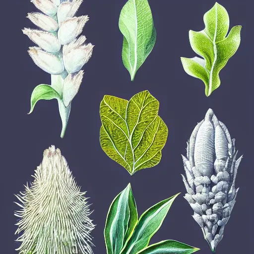 Image similar to various kinds of separate platonic shapes, botanical illustration, white background, 8 k