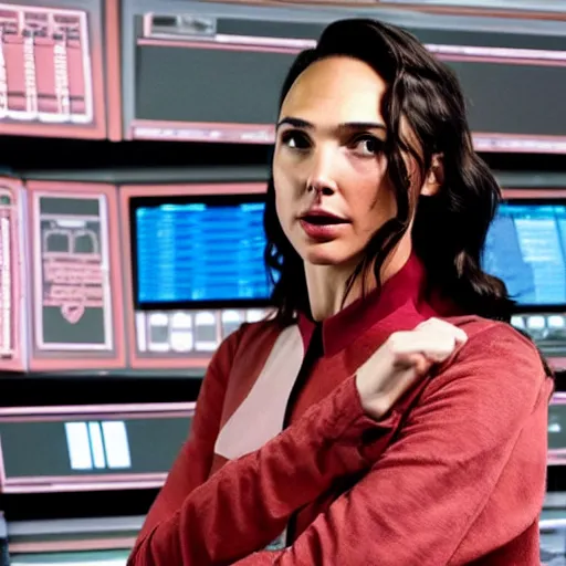 Prompt: Gal Gadot as as the Doctor in his burgundy costume in the Tardis secondary control room