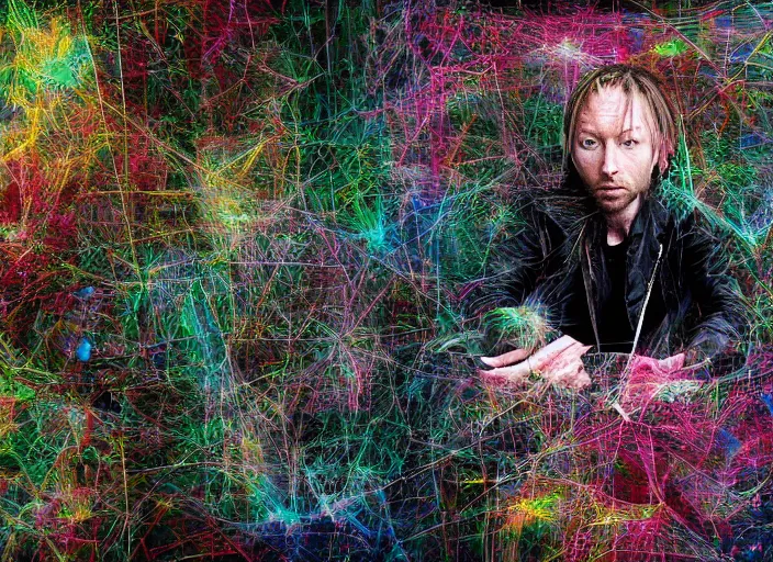 Image similar to beautiful photograph of print of thom yorke picture on a table, hyper realistic, variations of thom yorke, forest, high quality photograph, mixed styles, intricate details, diverse colors, deep emotional impact