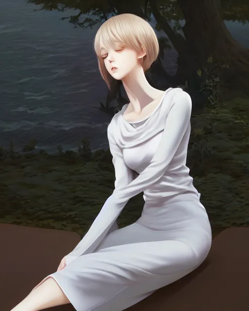 Image similar to infinitely detailed full - body portrait pale female peaceful dream angel wearing elegant clothes. beautiful! scenery art! by wlop & murata range, by ilya kuvshinov. artstation!! / pixiv!!