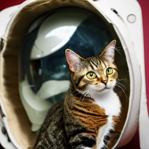 Prompt: a portrait of a cat behind the space suit helmet