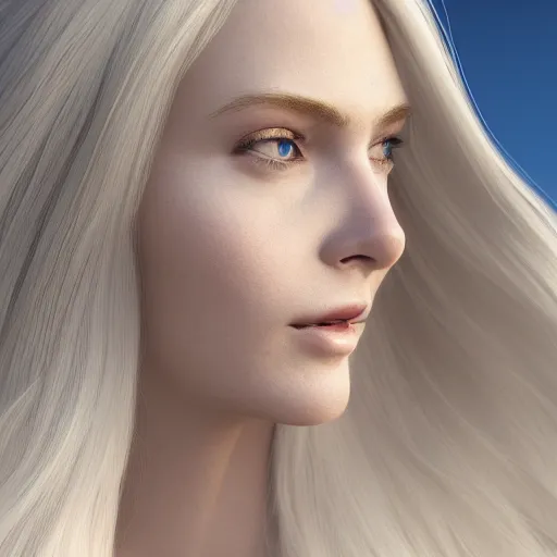 Prompt: portrait of a woman, long blonde hair, blue eyes, white dress, elegant, detailed face, artstation, cgsociety, octane render, 8k