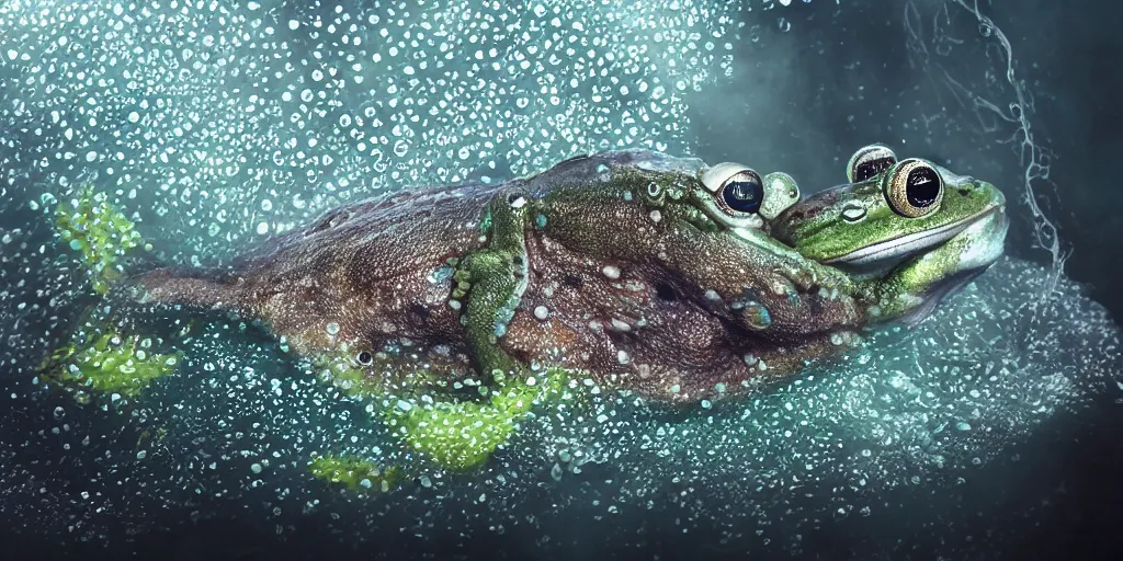 Prompt: a very intricately detailed underwater photo of a fish cuddling with a frog. a lot of bubbles, diffracting the light. extreme detail, artstation hq, 8 k