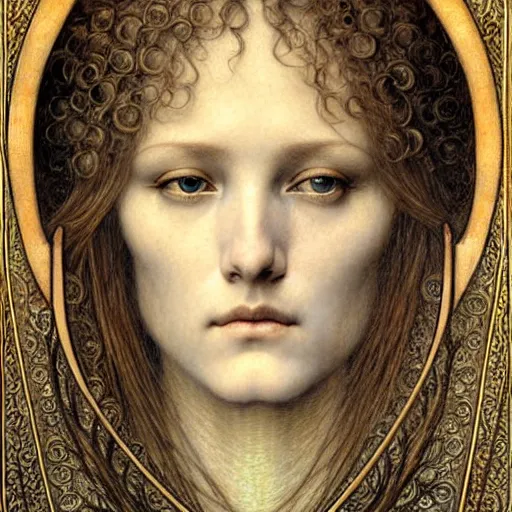 Image similar to detailed realistic beautiful young medieval queen face portrait by jean delville, gustave dore and marco mazzoni, art nouveau, symbolist, visionary, gothic, pre - raphaelite. horizontal symmetry