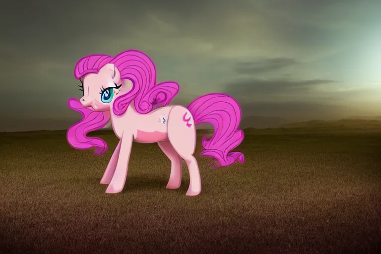 Image similar to Pinkie Pie equine, back towards camera, facing away, professional photography and mood lighting, equine photo, sitting down, flowing mane and tail, relaxed expression