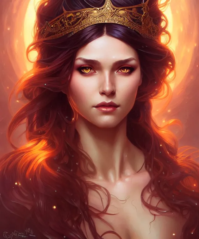 Image similar to fantasy magic woman portrait, sci-fi, amber eyes, face, long hair, fantasy, intricate, elegant, highly detailed, digital painting, artstation, concept art, smooth, sharp focus, illustration, art by artgerm and greg rutkowski and alphonse mucha