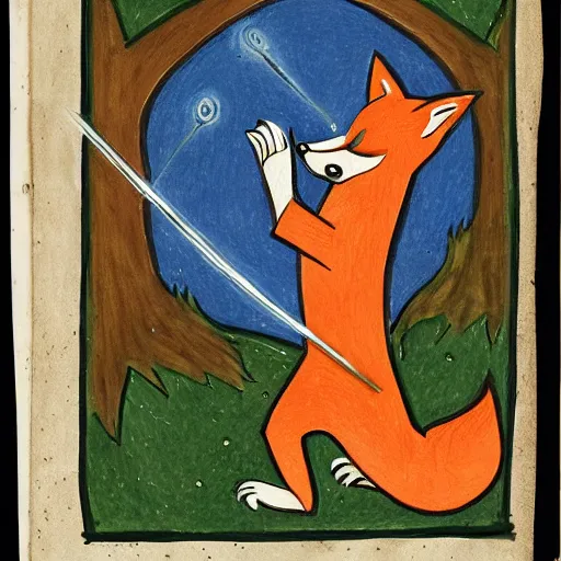 Image similar to anthropomorphic fox dueling with a wolf, illuminated manuscript