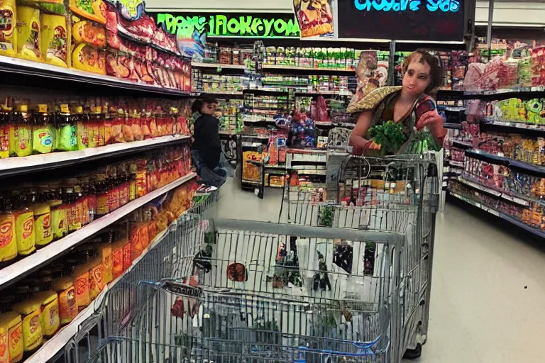 Prompt: grocery store iphone photograph with monkeybone, scene from monkeybone 2001