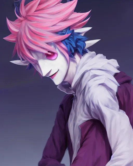 Image similar to extremely attractive soft feminine male as a jester anime character screenshot, nagito komaeda and hisoka jester, anime feminine male fool, intricate, sharp focus, illustration, highly detailed, digital painting, cell shaded, concept art, matte, art by ilya kuvshinov and kyoto animation and wlop, ruan jia, greg rutkowski, studio quality