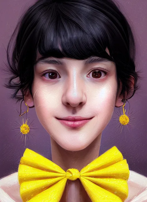 Prompt: portrait of high school girl, realistic, black hair, bangs, half updo hairstyle, pointy nose, skinny, smile, ugly, defined jawline, big chin, yellow hair bow, earrings, intricate, elegant, glowing lights, highly detailed, digital painting, artstation, sharp focus, illustration, art by wlop, mars ravelo and greg rutkowski