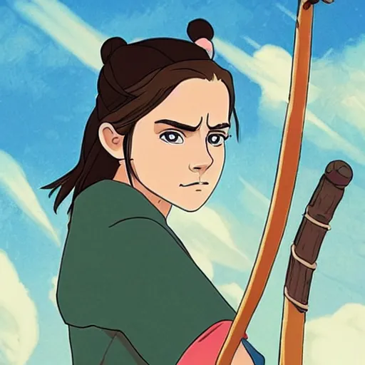 Image similar to emma watson, epic, samurai, in the style of Studio Ghibli, Hayao Miyazak