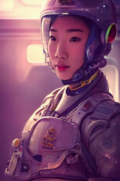 Prompt: portrait futuristic beautiful Asian Airforce armored pilot Girl, at inside of future fighter aircraft, ssci-fi, fantasy, intricate, very very beautiful, elegant, human anatomy, neon light, highly detailed, digital painting, artstation, concept art, soft light, smooth, sharp focus, illustration, art by tian zi and WLOP and alphonse mucha