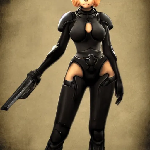 Image similar to full body shot of 2B in the style of Starcraft 2, highly-detailed